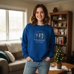 Vintage Holiday Embroidered Birdhouse Sweatshirt Womens XXL Blue Christmas Cozy